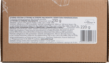 Tył brązowego kartonowego pudełka z białą etykietą produktu "Cytryny w syropie palmowym", widoczne szczegóły.