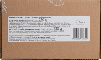 Tylna etykieta brązowego opakowania z danymi Cytryna z Imbirem i Miód Malinowy, 250g, składem i kodem kreskowym.
