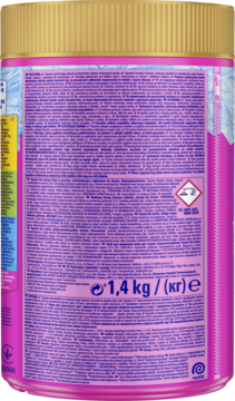 Tył różowego opakowania Vanish Oxi Action odplamiacza do koloru i bieli 1,4 kg, z detalami produktu. Usuwa plamy.