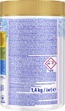 Tył białego opakowania Vanish Oxi Action odplamiacz do bieli, ze złotą zakrętką, etykietą, piktogramem, 1,4 kg.