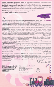 Tył opakowań ISANA: koncentrat peelingujący, tonik Glow Anti-Ox, maska ceramidowa, z polskimi opisami na różowym tle z grafiką.