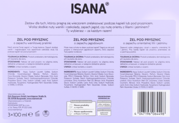 Tył opakowania zestawu 3 żeli pod prysznic Isana: waniliowy, jagodowy, orientalny. Widoczne składy i kod EAN.