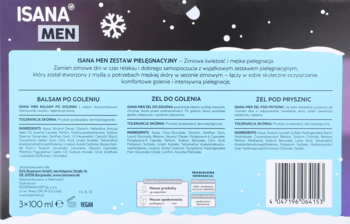 Tył opakowania zestawu ISANA MEN z balsamem po goleniu, żelem do golenia i pod prysznic. Opisy po polsku.