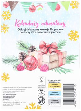 Tył kalendarza adwentowego z 12 płatkami pod oczy i 12 maseczkami w płachcie, na świątecznym niebieskim tle.