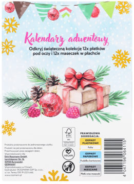 Tył kalendarza adwentowego Isana, świąteczny motyw, opis 12 masek i 12 płatków, kod, info o recyklingu, vegan.