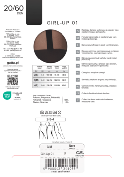 Karta produktu rajstop damskich GIRL-UP 01, 20/60 DEN Nero, z wizualizacją na nodze i tabelą rozmiarów.