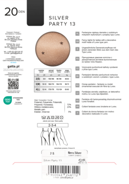 Opakowanie rajstop 20 DEN Silver Party 13 Nero Silver z brokatowymi gwiazdkami, widok z przodu.