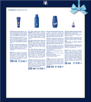 Zestaw NIVEA PAMPERING: krem do rąk, mleczko do ciała, żel pod prysznic, antyperspirant w niebieskich opakowaniach, widok z przodu.