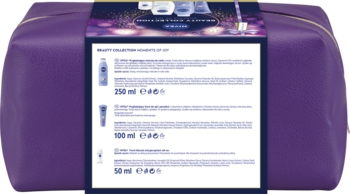 Zestaw NIVEA Beauty Collection: fioletowa kosmetyczka z etykietą prezentującą 4 produkty do pielęgnacji.