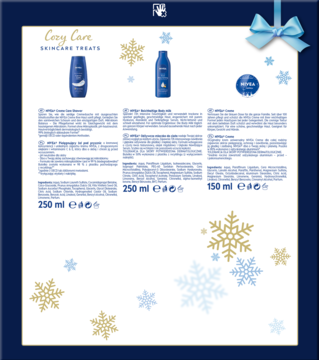 Zestaw prezentowy NIVEA COZY CARE: niebieskie pudełko ze śnieżynkami, mleczko, żel, krem. Nawilża skórę.