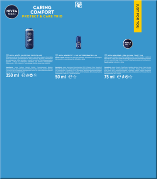 Zestaw Nivea Men Caring Comfort Protect & Care Trio: żel, antyperspirant i krem. Produkty w niebieskich butelkach i puszce na niebieskim tle.
