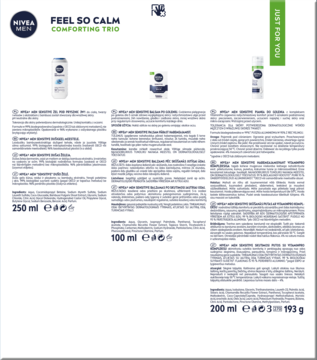 NIVEA MEN FEEL SO CALM trio: pianka, balsam, żel 3w1, białe butelki i tubka, do skóry wrażliwej, widok z przodu.