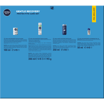 NIVEA MEN Gentle Recovery zestaw prezentowy, widok przodu niebieskiego opakowania z 4 kosmetykami.