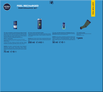 Zestaw NIVEA MEN FEEL RECHARGED: roll-on, żel, krem do twarzy i kolorowe skarpetki, ułożone na niebieskim tle.