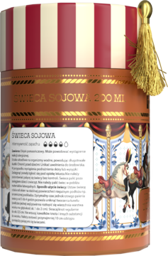 Hiskin świeca sojowa Karuzela o zapachu pomarańczy i czekolady. Tył z pasami i ilustracją karuzeli.