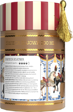 Hiskin świąteczna świeca sojowa 200ml. Słoik z karuzelą, złote detale, czerwono-biała pokrywka z frędzlem.