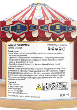 Tył opakowania świecy sojowej Hiskin "Jabłka z Cynamonem" w kształcie karuzeli, z instrukcją użytkowania i ostrzeżeniami.