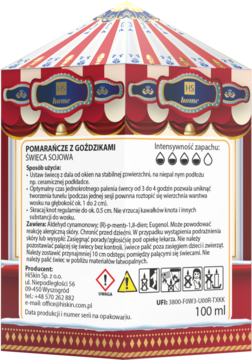 Tył opakowania świecy Hiskin Pomarańcze z Goździkami (100ml) w kształcie karuzeli z ikonami ostrzegawczymi.