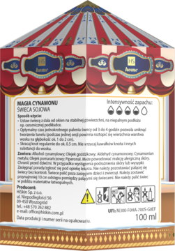 Tył karuzelowego opakowania świecy Hiskin Magia Cynamonu, z polskimi instrukcjami i ostrzeżeniami.