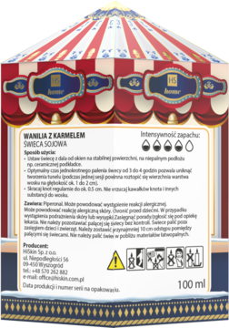 Tył kartonika świecy Hiskin Wanilia z Karmelem, design karuzeli, polskie instrukcje i ostrzeżenia.