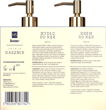 Tył etykiet Hiskin home mydła i kremu do rąk, zapach Kaszmir 250ml, widoczne złote pompki.