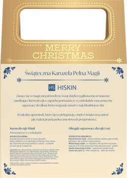 Hiskin świąteczny zestaw z ogrzewaczem do rąk i kremem pomarańcza-czekolada, złote pudełko z napisem Merry Christmas.