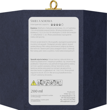 Hiskin świeca szklana bombka bordo 200ml, tył opakowania z białą etykietą i instrukcjami, widoczne piktogramy.