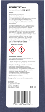 Tył białej etykiety dyfuzora Hiskin Świąteczny sen 80 ml, z pełnym składem, ostrzeżeniami i kodem kreskowym.