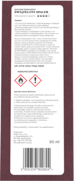 Tył opakowania dyfuzora zapachowego Hiskin Świąteczny Spacer 80ml, z ostrzeżeniami, składem i kodem kreskowym.