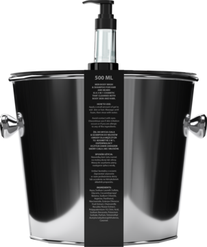 Hiskin zestaw Gentelman: srebrny kulerr z uchwytami, w nim czarny gin body wash z pompką i etykietą, widok z przodu.