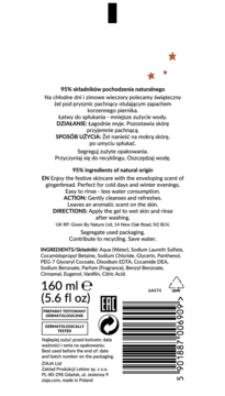 Tył białego opakowania żelu Ziaja Korzenny Piernik 160ml. Widoczna lista składników, opis i kod kreskowy.