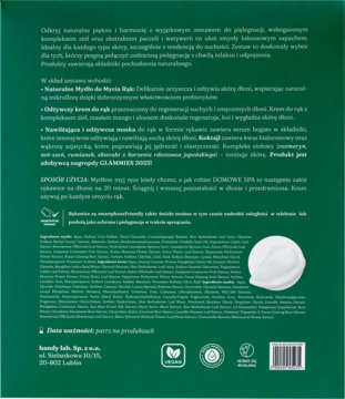 Tył zielonego opakowania Patchouli Mood Paczulowe Trio, z opisem zestawu do rąk, składem i białą grafiką kremu.