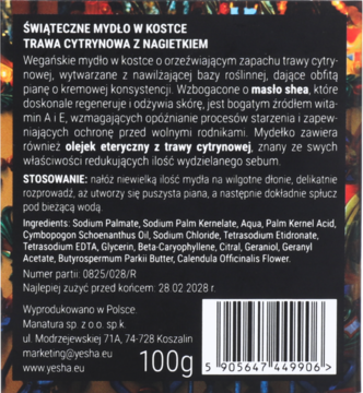 Tył opakowania wegańskiego mydła YESHA Trawa Cytrynowa z Nagietkiem 100g, widoczne składniki i kod kreskowy.
