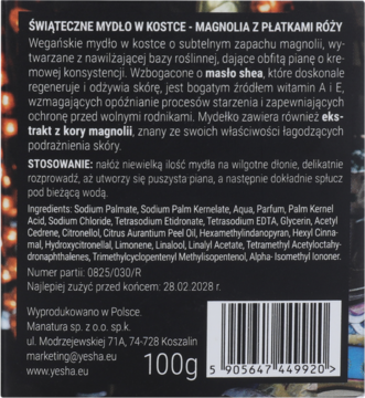 Tył opakowania wegańskiego mydła w kostce YESHA Magnolia 100g. Widoczny skład, sposób użycia i kod kreskowy.
