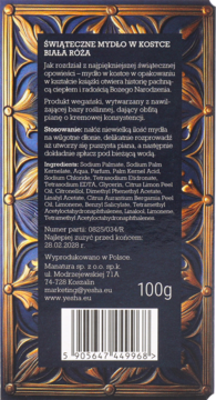 Tył granatowego opakowania mydła świątecznego Biała Róża 100g, ze składem, kodem kreskowym i złotymi zdobieniami.