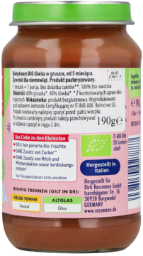 Tył słoiczka Babydream BIO śliwka w gruszce dla niemowląt, z etykietą producenta i informacjami o składzie.