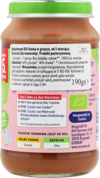 Tył słoiczka Babydream BIO przecier śliwkowo-gruszkowy 190g, z etykietą i danymi produktu.
