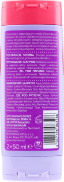 Tył fioletowo-różowej butelki Isana Frozen Berries z szamponem i żelem pod prysznic, widoczna lista składników.
