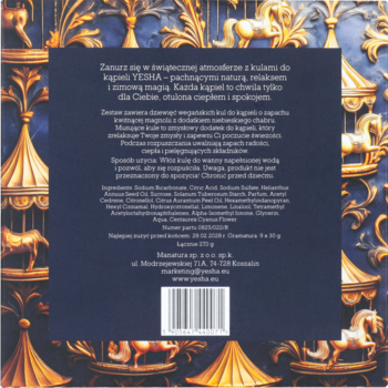 Tył opakowania kul do kąpieli YESHA z ciemnoniebieską etykietą, tekstem, kodem kreskowym i złotym zdobieniem.