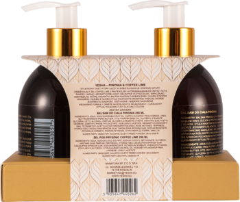 Tył zestawu Yesha: dwie ciemne butelki z złotymi pompkami, balsam piwonia i żel coffee lime, w kartonowym stojaku z etykietą.