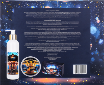 Tył pudełka Yesha: masło do ust, mydło, żel pod prysznic. Biała butelka, okrągły pojemnik i pudełko z boku.