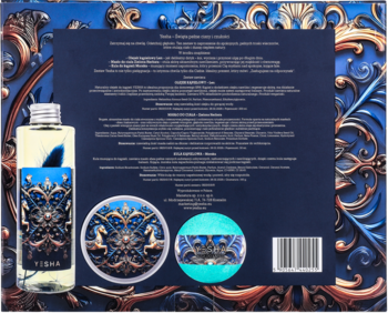 Tył niebiesko-złotego świątecznego zestawu z olejkiem do kąpieli, masłem do ciała i kulą, widoczne teksty, barcode i butelka.