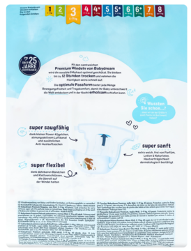 Tył opakowania pieluszek Babydream Midi 3, niebieskie tło, opis cech: chłonne do 12h, miękkie, elastyczne dla komfortu.