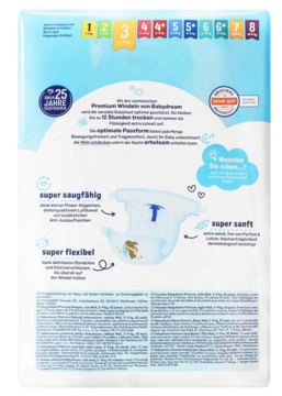 Tył opakowania Pieluszek Premium Babydream Midi 3, niebiesko-białe, z cechami: 12h ochrony, chłonność, miękkość.