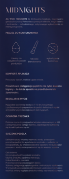 Plakat AA Wings Of Color Midnights: pędzel do konturowania, ikony zastosowania i opis pielęgnacji na ciemnym tle.