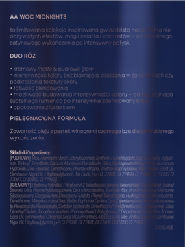 Reklamowy tekst AA WOC Midnights Duo Róż na ciemnym tle, opis cech, składu i składników.