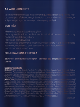 AA Wings Of Color Midnights Duo Róż. Składniki formuł pudrowej i kremowej. Widok z tyłu opakowania.