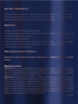 Tył etykiety AA Wings Of Color Midnights Duo Róż z opisem i składnikami pielęgnacyjnej formuły na ciemnym tle.