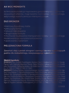 Biały tekst na ciemnym tle, fragment ulotki AA WOC Midnights Duo Bronzer, opisujący cechy i składniki.
