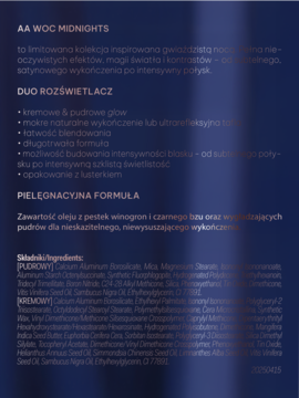 Strona informacyjna o AA WOC Midnights Duo Rozświetlaczu, tekst na ciemnoniebieskim tle, cechy i skład.